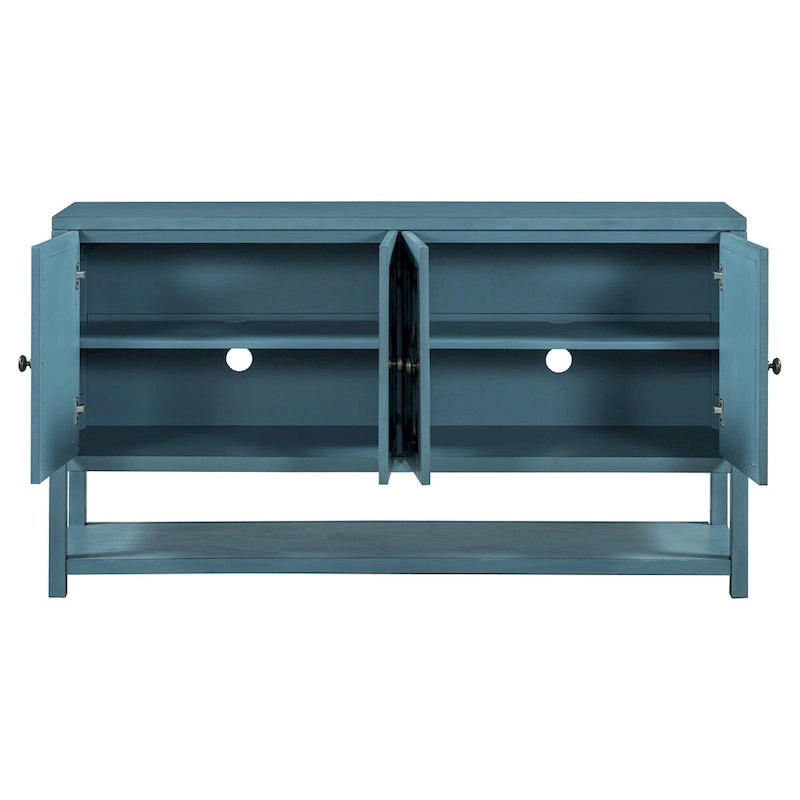 Élégante console/meuble de rangement/buffet rétro avec portes miroir, étagères spacieuses et pieds robustes en bois d'acacia.