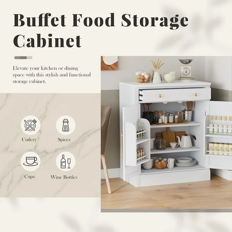 Meuble de cuisine moderne indépendant, rangement pour aliments de type buffet, meuble bar à café avec tiroir, 2 étagères réglables et 2 étagères à porte.
