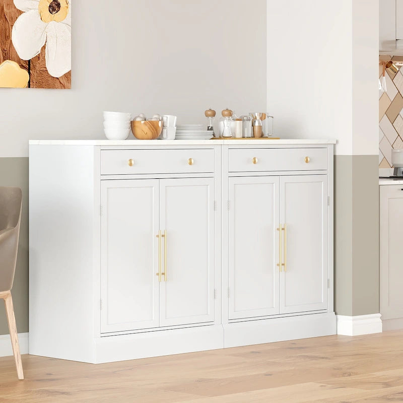 Meuble de cuisine moderne indépendant, rangement pour aliments de type buffet, meuble bar à café avec tiroir, 2 étagères réglables et 2 étagères à porte.