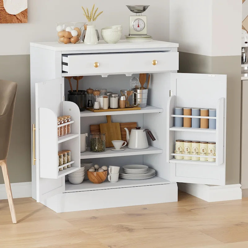 Meuble de cuisine moderne indépendant, rangement pour aliments de type buffet, meuble bar à café avec tiroir, 2 étagères réglables et 2 étagères à porte.