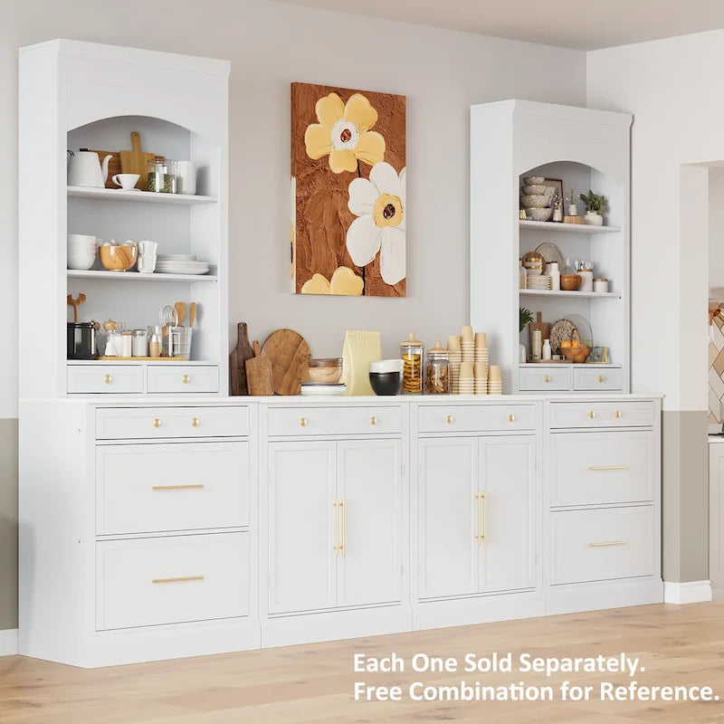 Meuble de cuisine moderne indépendant, rangement pour aliments de type buffet, meuble bar à café avec tiroir, 2 étagères réglables et 2 étagères à porte.