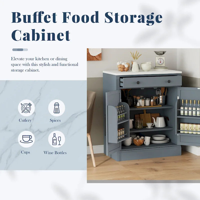 Meuble de cuisine moderne indépendant, rangement pour aliments de type buffet, meuble bar à café avec tiroir, 2 étagères réglables et 2 étagères à porte.