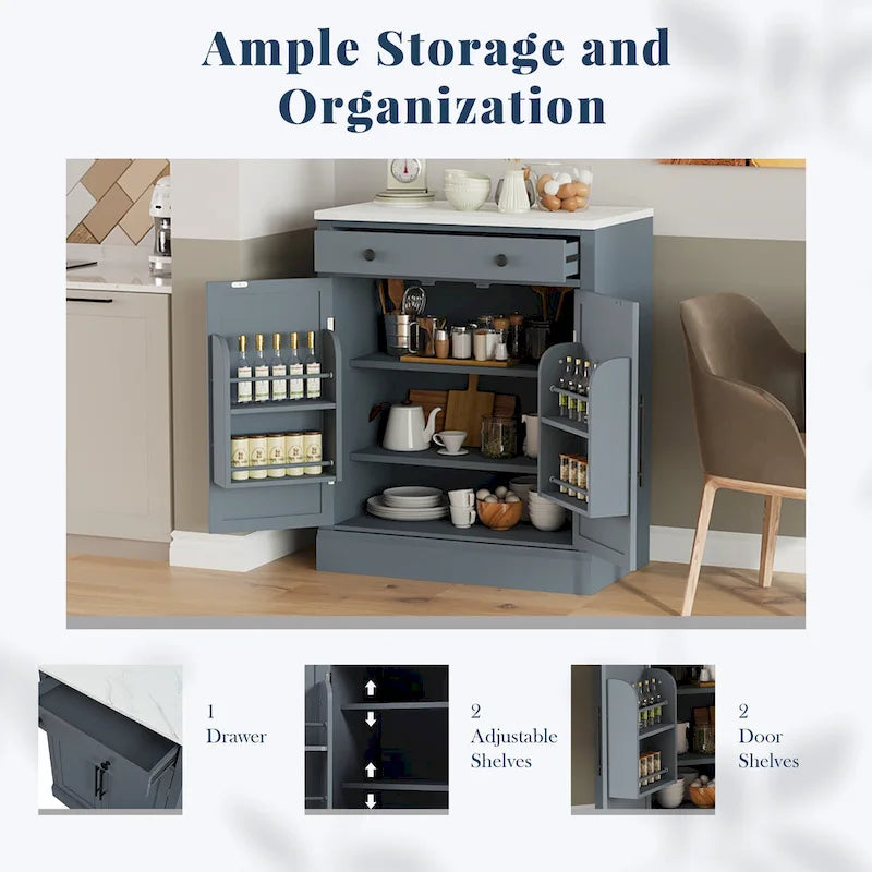 Meuble de cuisine moderne indépendant, rangement pour aliments de type buffet, meuble bar à café avec tiroir, 2 étagères réglables et 2 étagères à porte.