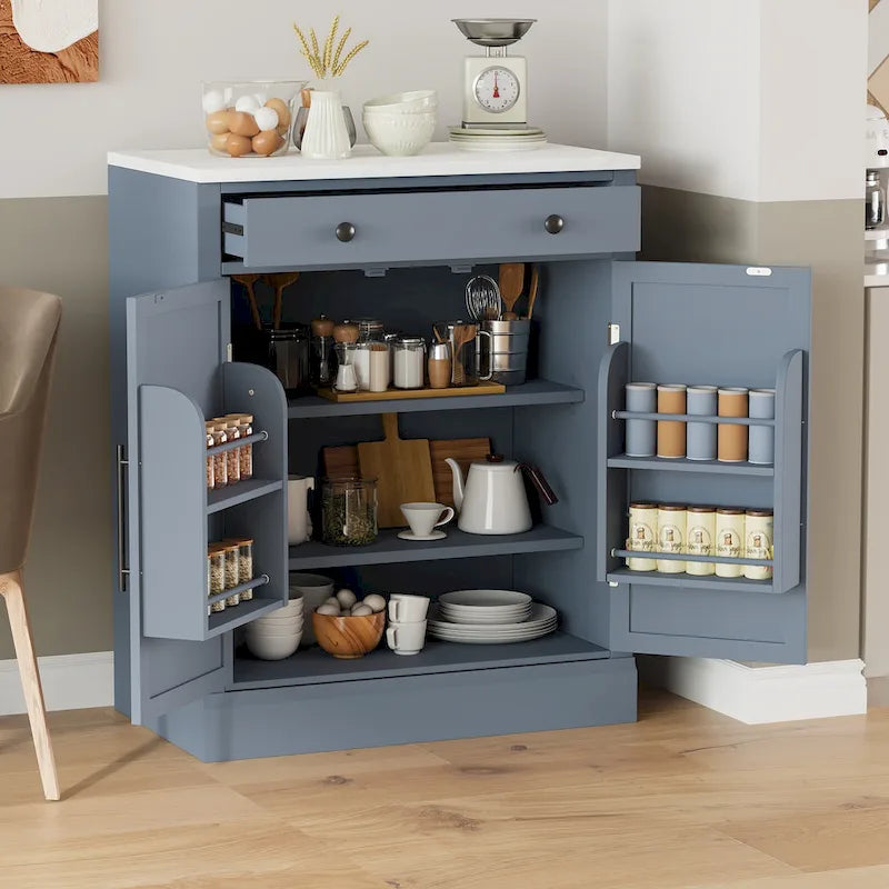 Meuble de cuisine moderne indépendant, rangement pour aliments de type buffet, meuble bar à café avec tiroir, 2 étagères réglables et 2 étagères à porte.