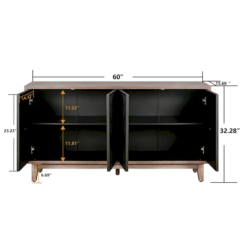 Buffet/meuble de rangement de cuisine style Mid-Century avec pieds en bois massif, 60 cm, 4 portes et 2 étagères