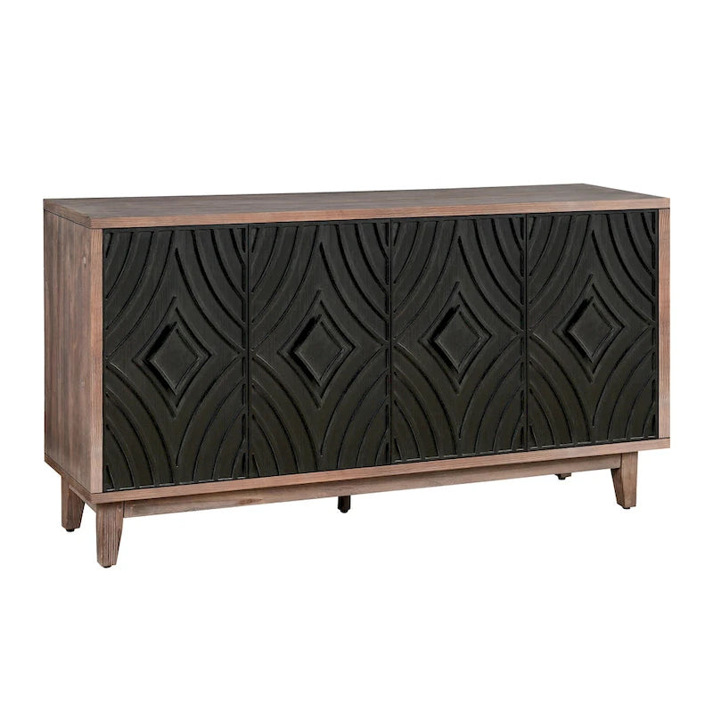 Buffet/meuble de rangement de cuisine style Mid-Century avec pieds en bois massif, 60 cm, 4 portes et 2 étagères