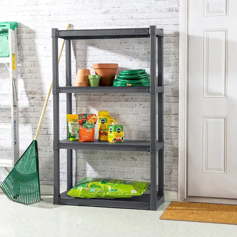 Étagère de rangement Sterilite en plastique gris, lot de 3, avec 4 tablettes.