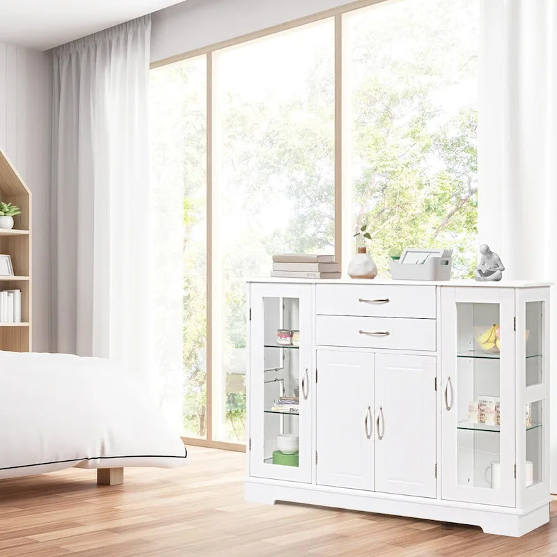 Meuble de rangement buffet Costway avec tiroirs et portes vitrées