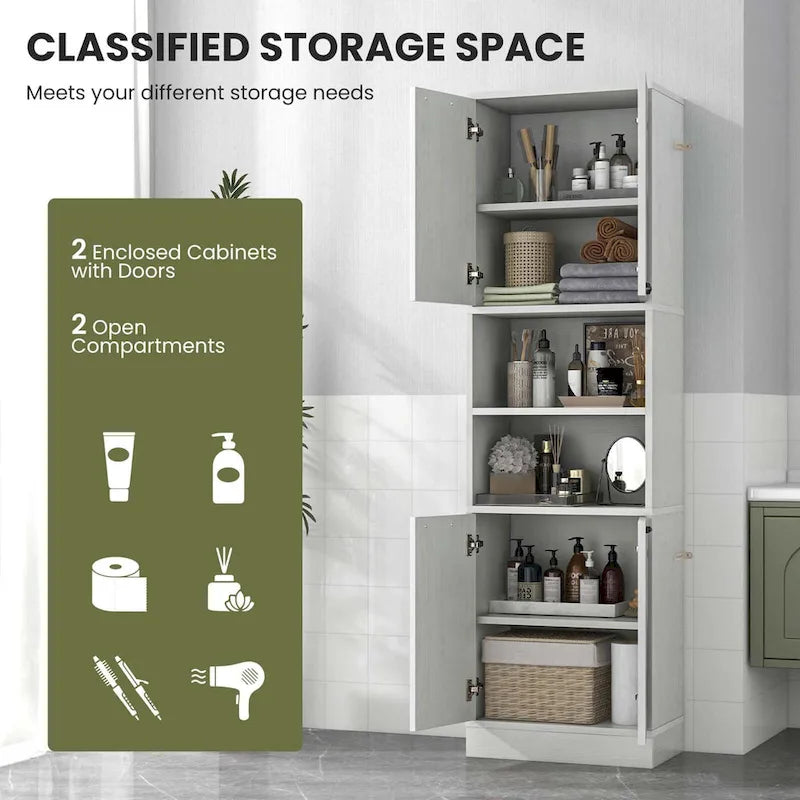 Armoire de rangement de salle de bain Costway 75 pouces de haut avec 4 portes et 2 ouvertes - Voir les détails