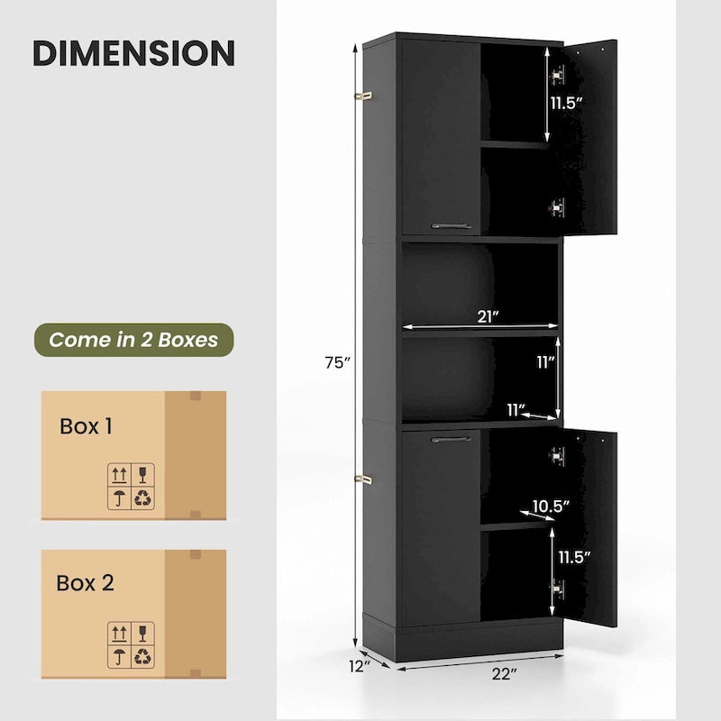 Armoire de rangement de salle de bain Costway 75 pouces de haut avec 4 portes et 2 ouvertes - Voir les détails