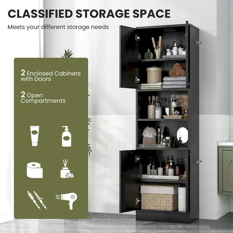 Armoire de rangement de salle de bain Costway 75 pouces de haut avec 4 portes et 2 ouvertes - Voir les détails