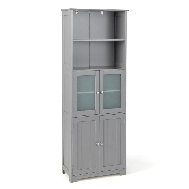 Armoire de rangement haute pour salle de bain Gymax avec porte en verre et colonne de rangement pour linge