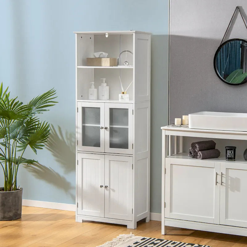 Armoire de rangement haute pour salle de bain Gymax avec porte en verre et colonne de rangement pour linge