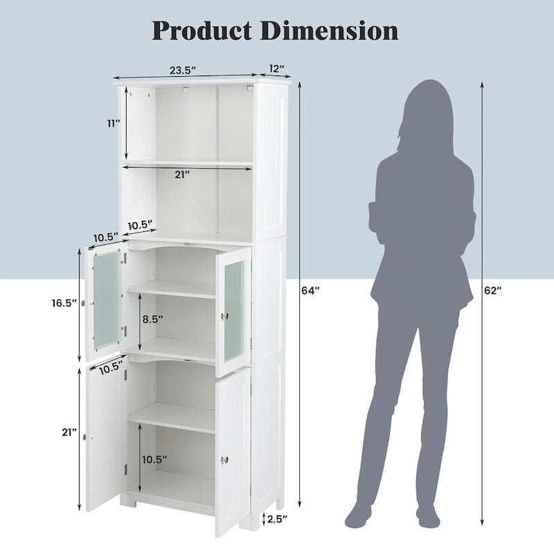 Armoire de rangement haute pour salle de bain Gymax avec porte en verre et colonne de rangement pour linge