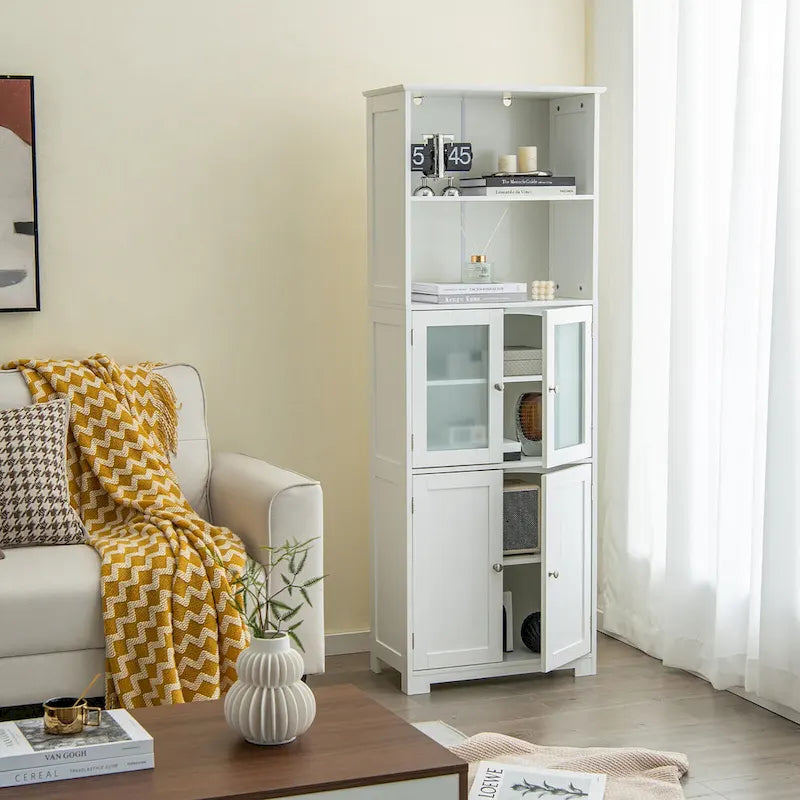 Armoire de rangement haute pour salle de bain Gymax avec porte en verre et colonne de rangement pour linge