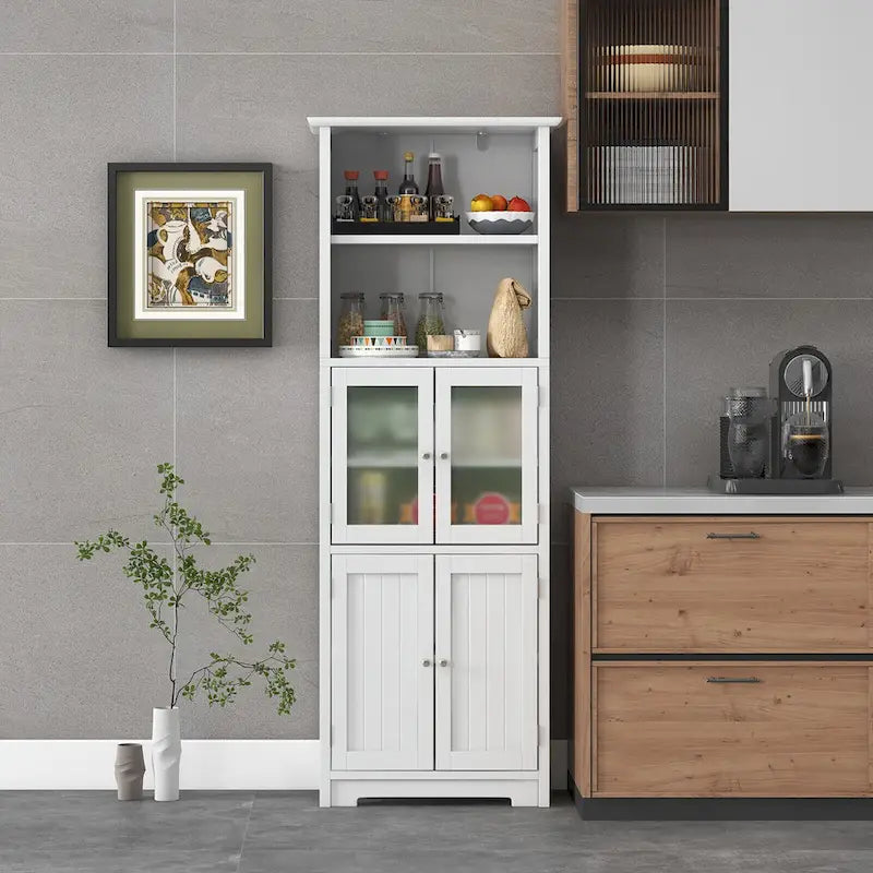 Armoire de rangement haute pour salle de bain Gymax avec porte en verre et colonne de rangement pour linge