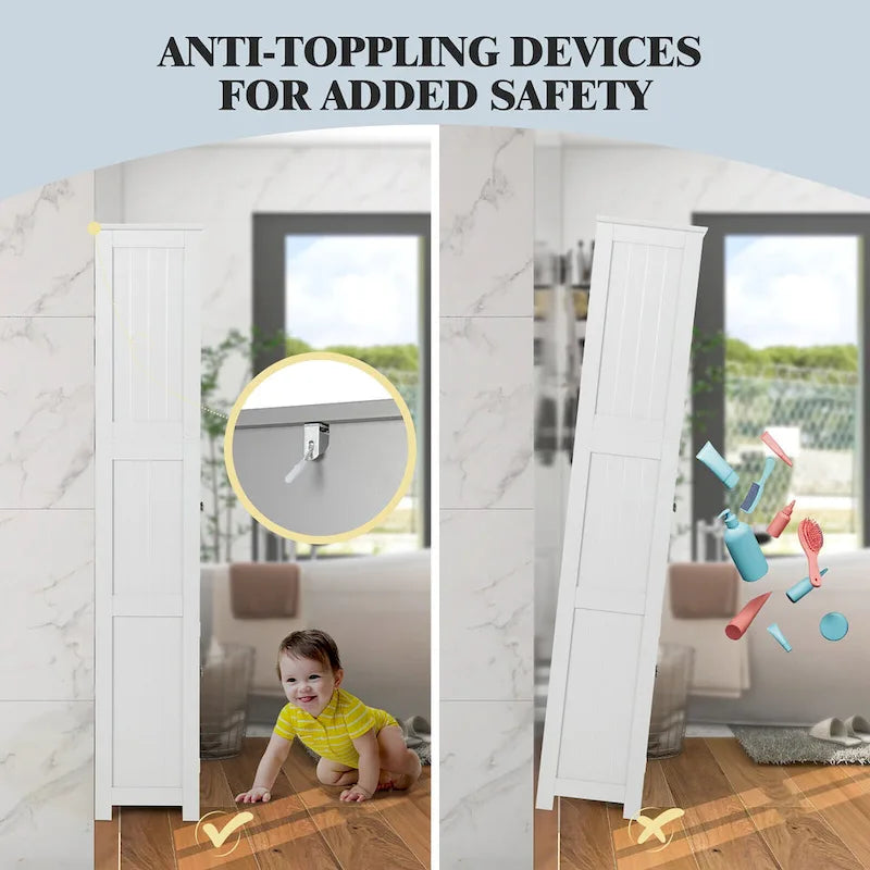 Armoire de rangement haute pour salle de bain Gymax avec porte en verre et colonne de rangement pour linge