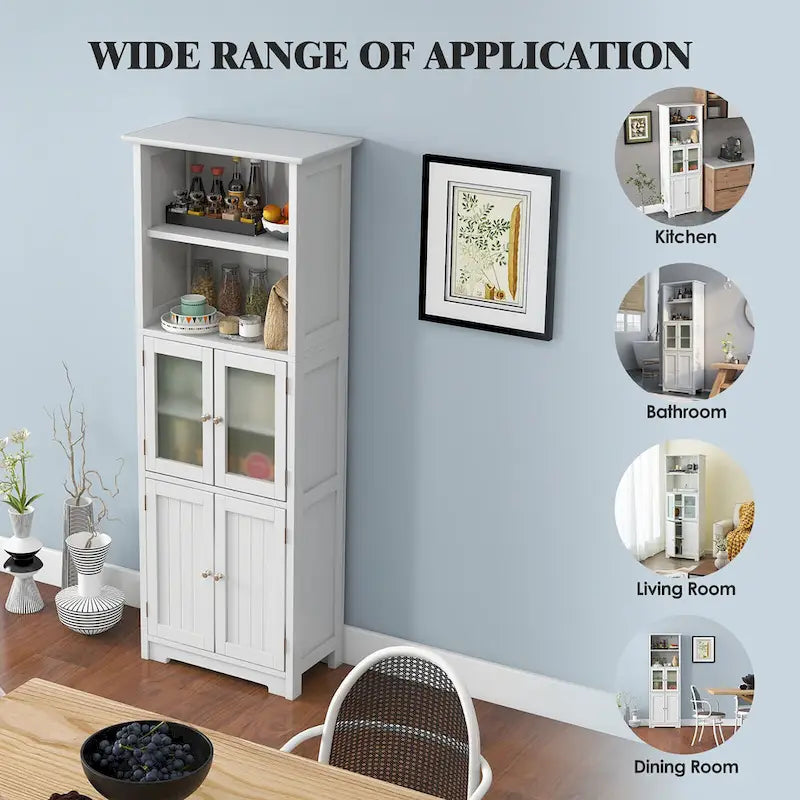 Armoire de rangement haute pour salle de bain Gymax avec porte en verre et colonne de rangement pour linge