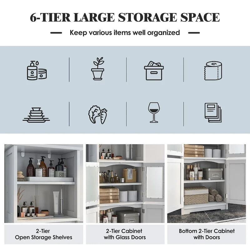 Armoire de rangement haute pour salle de bain Gymax avec porte en verre et colonne de rangement pour linge