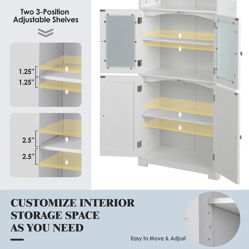 Armoire de rangement haute pour salle de bain Gymax avec porte en verre et colonne de rangement pour linge