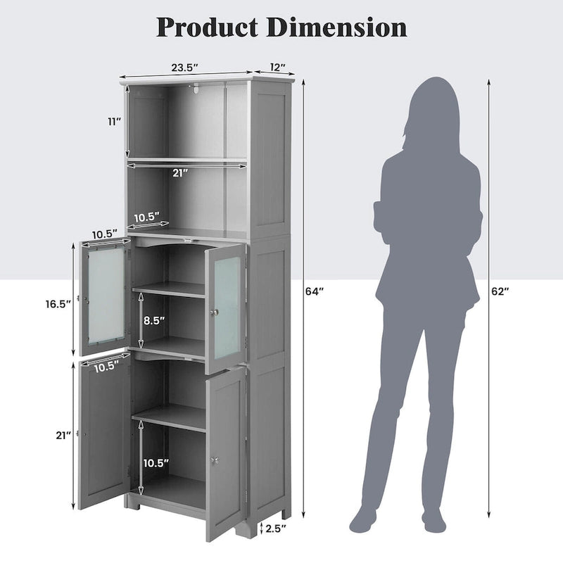 Armoire de rangement haute pour salle de bain Gymax avec porte en verre et colonne de rangement pour linge