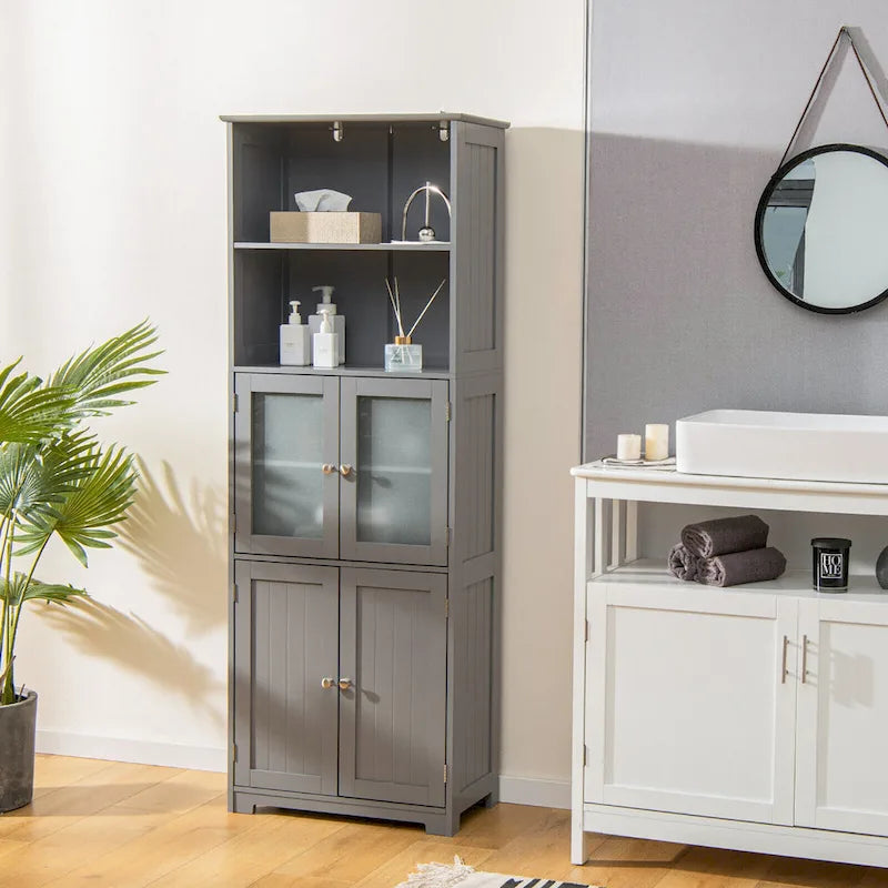 Armoire de rangement haute pour salle de bain Gymax avec porte en verre et colonne de rangement pour linge