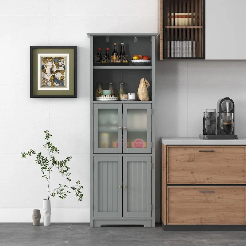 Armoire de rangement haute pour salle de bain Gymax avec porte en verre et colonne de rangement pour linge