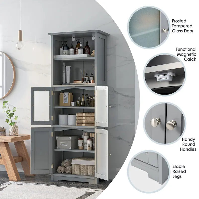 Armoire de rangement haute pour salle de bain Gymax avec porte en verre et colonne de rangement pour linge