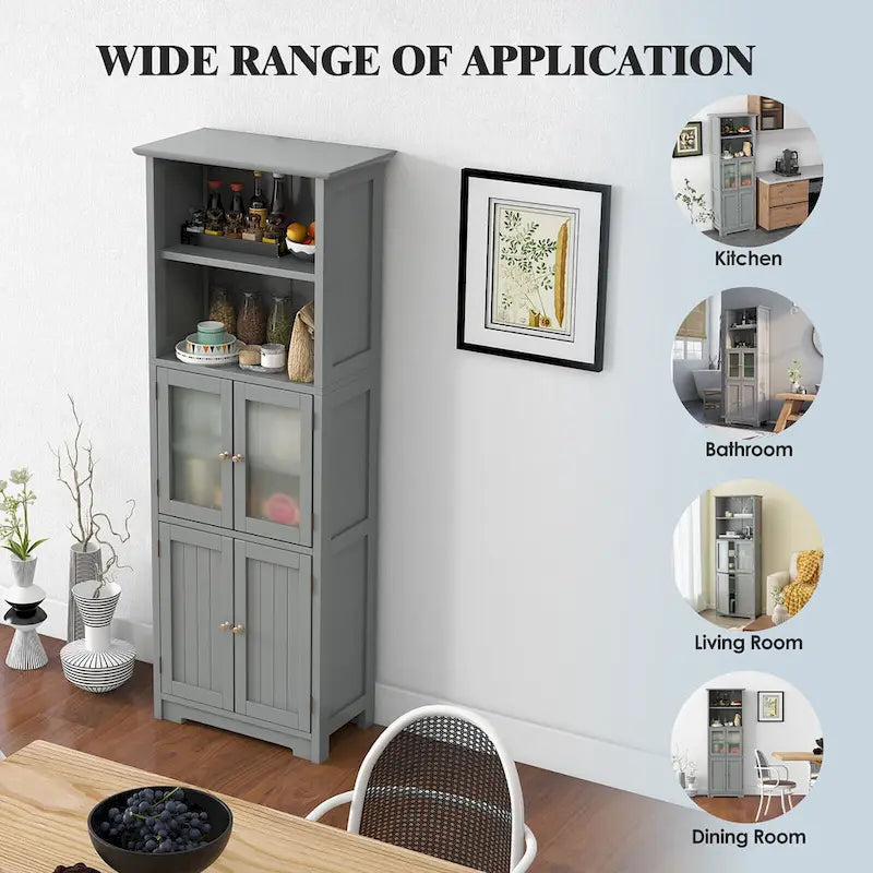 Armoire de rangement haute pour salle de bain Gymax avec porte en verre et colonne de rangement pour linge