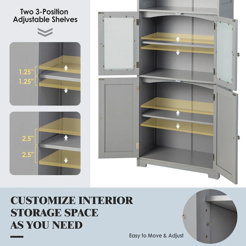 Armoire de rangement haute pour salle de bain Gymax avec porte en verre et colonne de rangement pour linge