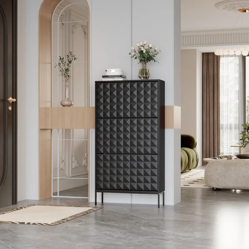 Meuble à chaussures noir contemporain avec étagères escamotables dissimulées et organisateur vertical