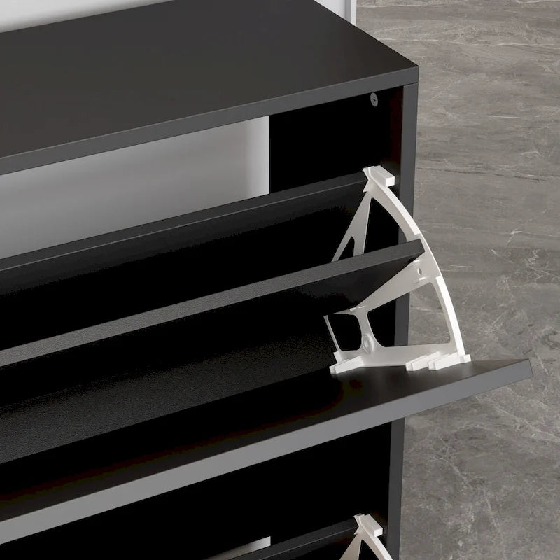 Meuble à chaussures noir contemporain avec étagères escamotables dissimulées et organisateur vertical