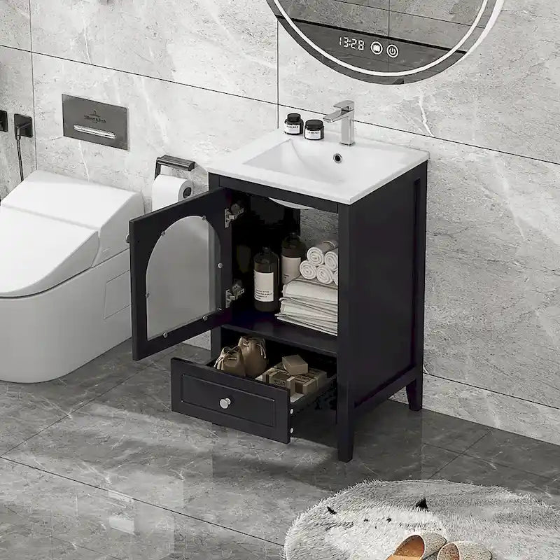 Meuble-lavabo de 50 cm avec vasque intégrée, meuble-lavabo moderne, meuble de salle de bain compact avec porte vitrée et tiroir
