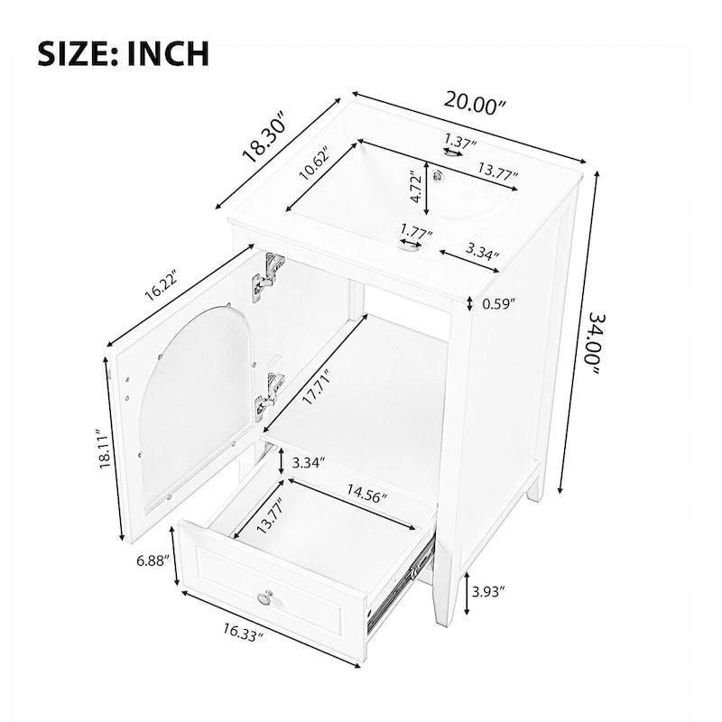 Meuble-lavabo de 50 cm avec vasque intégrée, meuble-lavabo moderne, meuble de salle de bain compact avec porte vitrée et tiroir