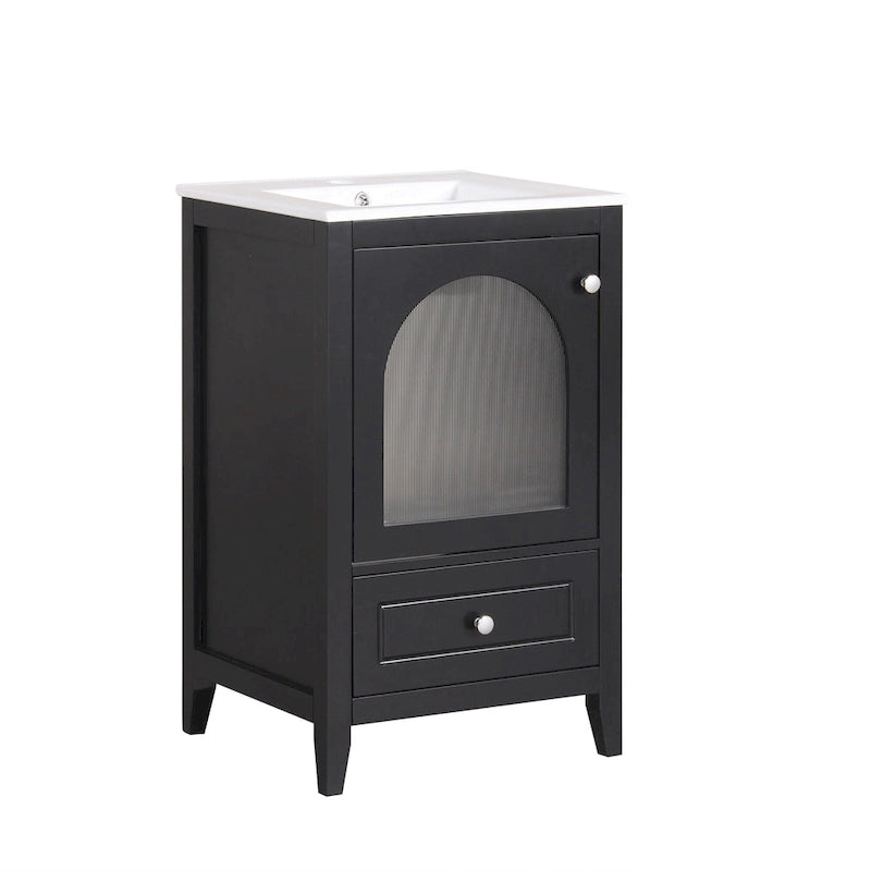 Meuble-lavabo de 50 cm avec vasque intégrée, meuble-lavabo moderne, meuble de salle de bain compact avec porte vitrée et tiroir