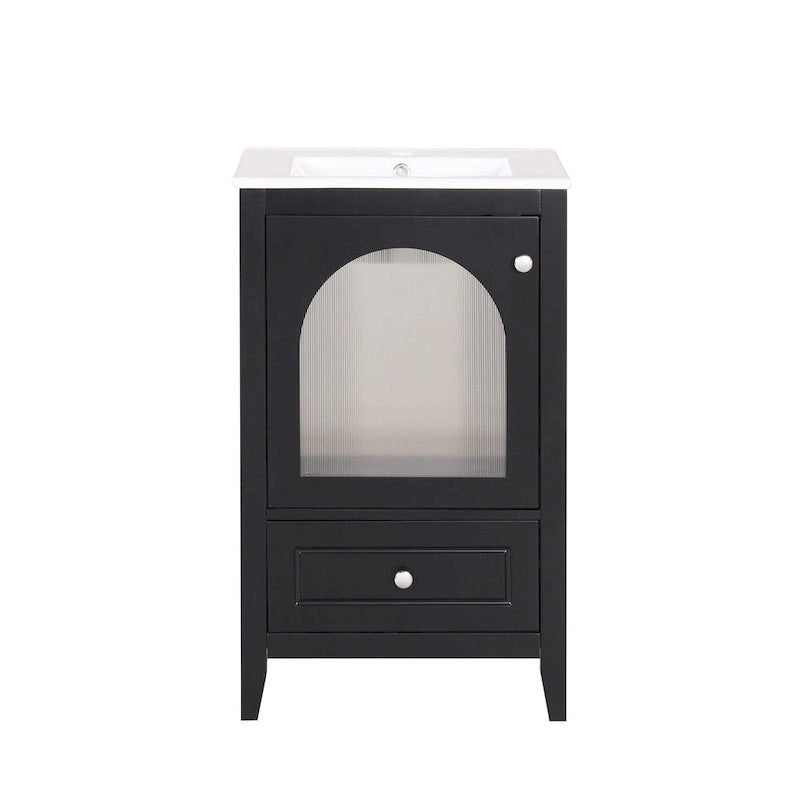 Meuble-lavabo de 50 cm avec vasque intégrée, meuble-lavabo moderne, meuble de salle de bain compact avec porte vitrée et tiroir