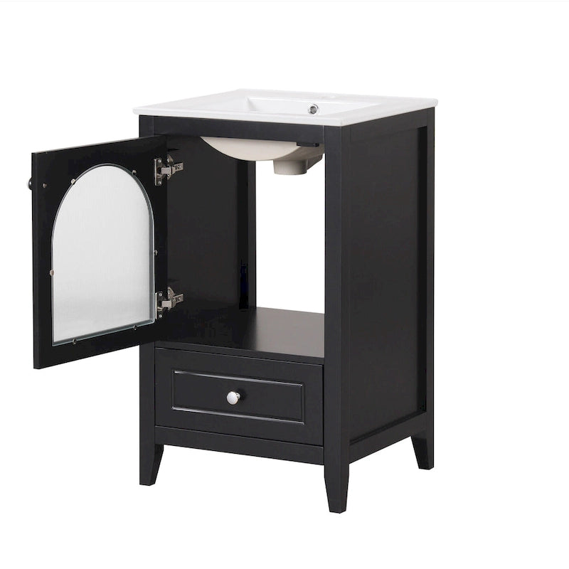 Meuble-lavabo de 50 cm avec vasque intégrée, meuble-lavabo moderne, meuble de salle de bain compact avec porte vitrée et tiroir