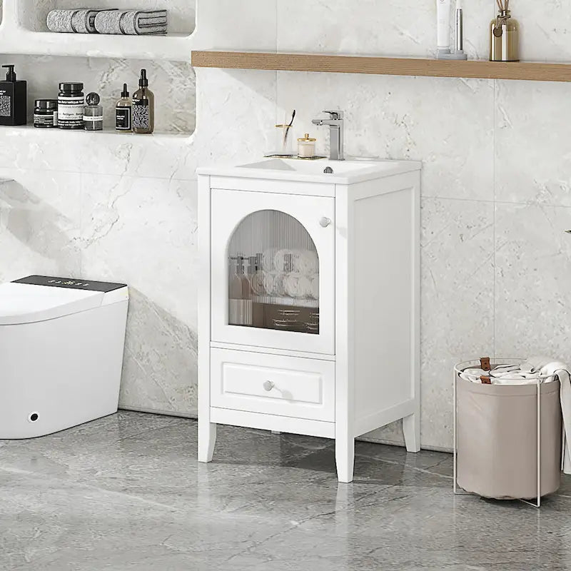 Meuble-lavabo de 50 cm avec vasque intégrée, meuble-lavabo moderne, meuble de salle de bain compact avec porte vitrée et tiroir