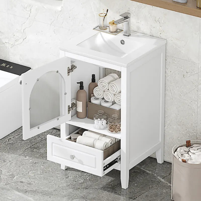Meuble-lavabo de 50 cm avec vasque intégrée, meuble-lavabo moderne, meuble de salle de bain compact avec porte vitrée et tiroir