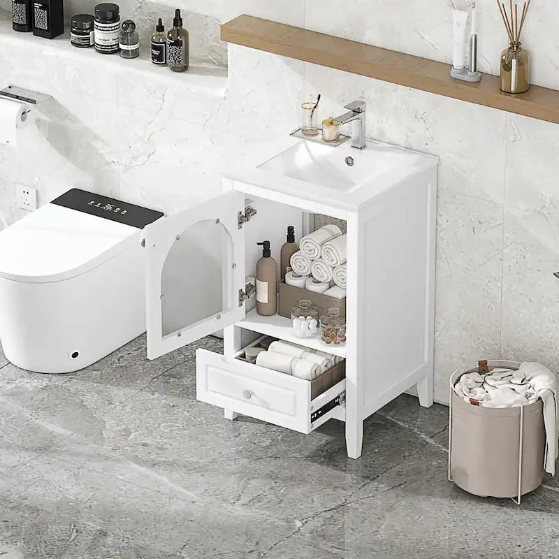 Meuble-lavabo de 50 cm avec vasque intégrée, meuble-lavabo moderne, meuble de salle de bain compact avec porte vitrée et tiroir