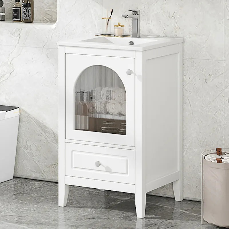 Meuble-lavabo de 50 cm avec vasque intégrée, meuble-lavabo moderne, meuble de salle de bain compact avec porte vitrée et tiroir