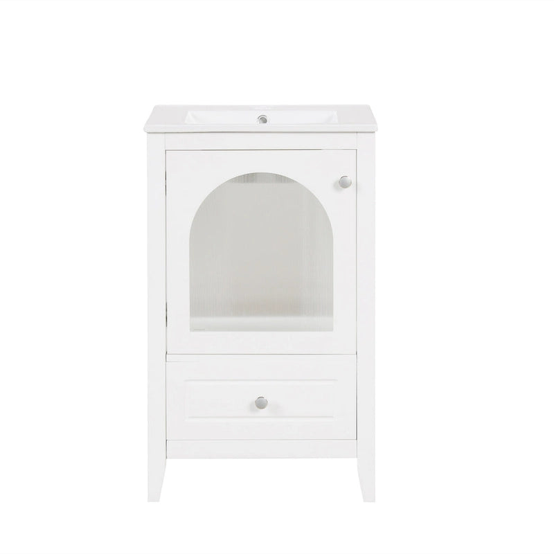 Meuble-lavabo de 50 cm avec vasque intégrée, meuble-lavabo moderne, meuble de salle de bain compact avec porte vitrée et tiroir