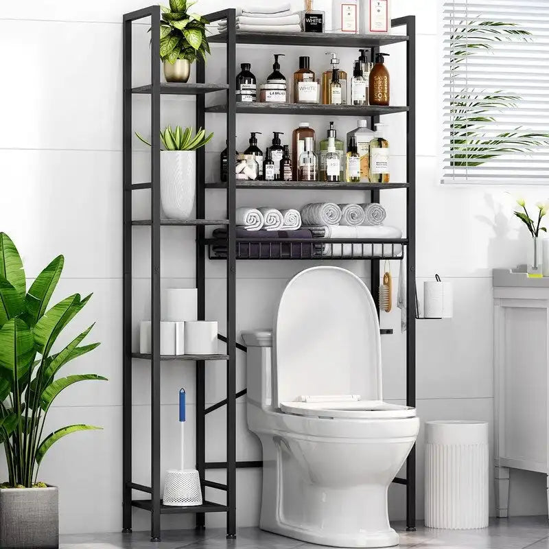 Étagère de rangement à 8 niveaux à suspendre au-dessus des toilettes, avec support latéral, étagère réglable et panier de vidange.