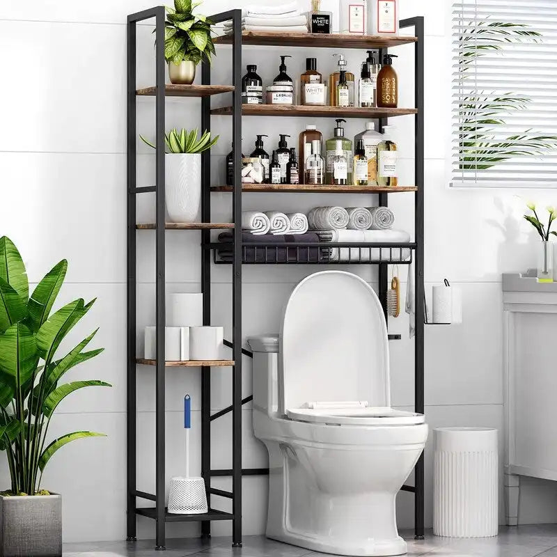 Étagère de rangement à 8 niveaux à suspendre au-dessus des toilettes, avec support latéral, étagère réglable et panier de vidange.