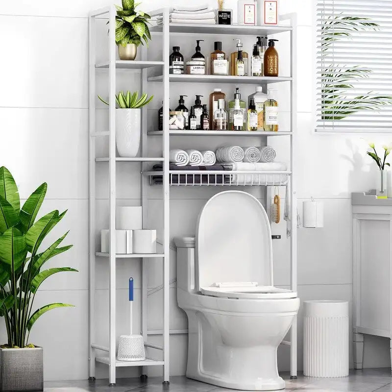 Étagère de rangement à 8 niveaux à suspendre au-dessus des toilettes, avec support latéral, étagère réglable et panier de vidange.