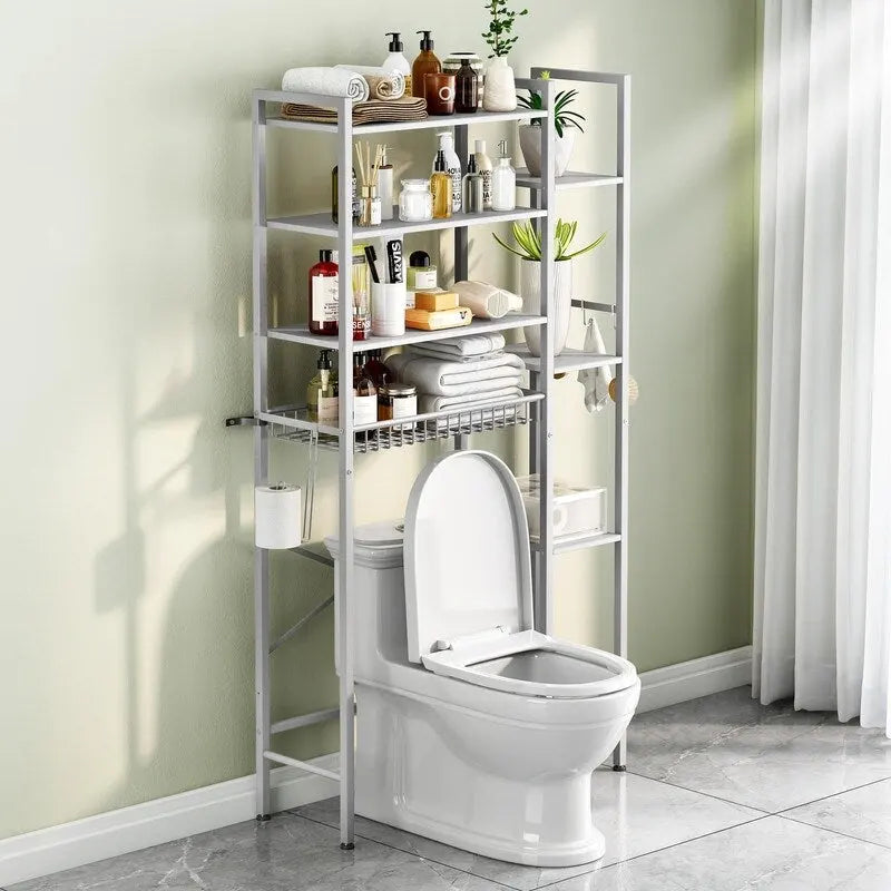 Étagère de rangement à 8 niveaux à suspendre au-dessus des toilettes, avec support latéral, étagère réglable et panier de vidange.