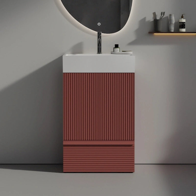 Meuble-lavabo simple vasque, meuble-lavabo autoportant moderne à motif quadrillé avec poignée dissimulée, meuble de salle de bain en bois
