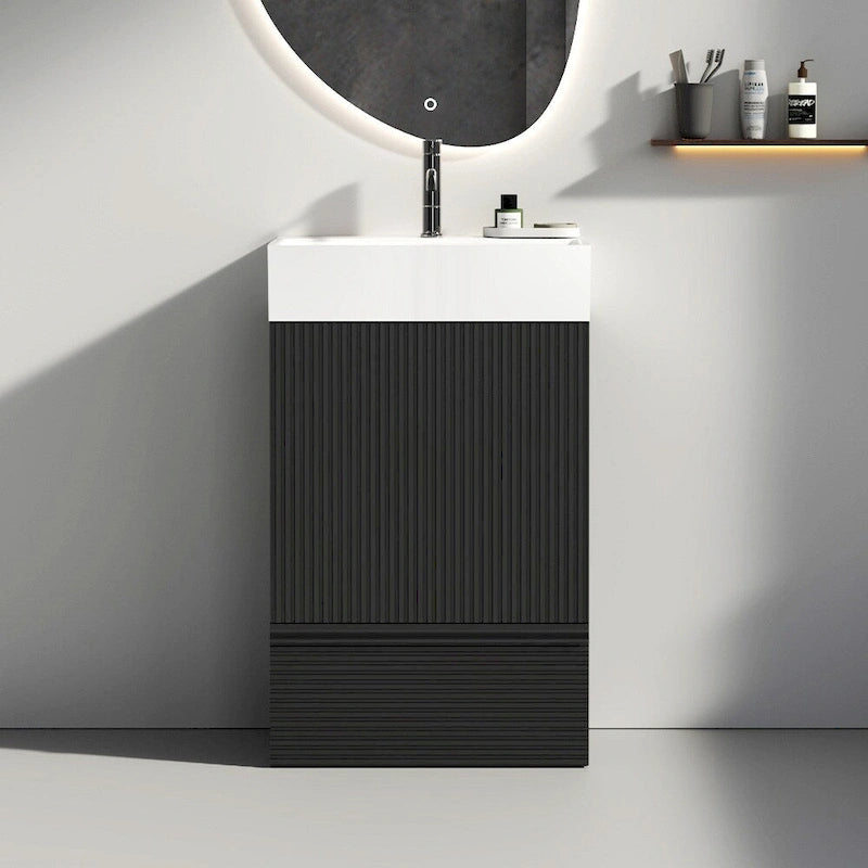 Meuble-lavabo simple vasque, meuble-lavabo autoportant moderne à motif quadrillé avec poignée dissimulée, meuble de salle de bain en bois