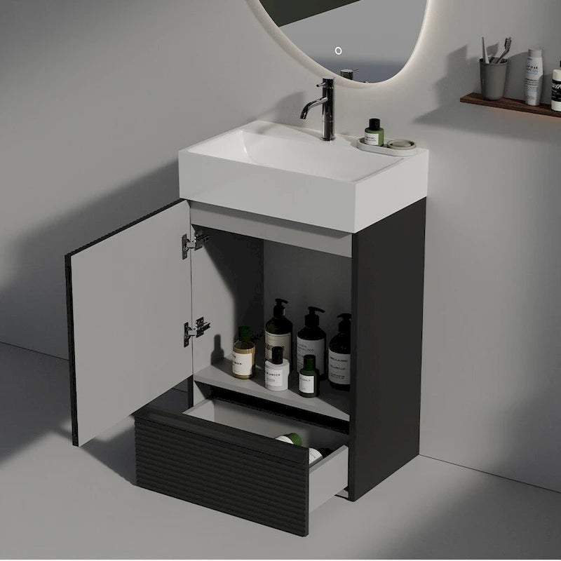 Meuble-lavabo simple vasque, meuble-lavabo autoportant moderne à motif quadrillé avec poignée dissimulée, meuble de salle de bain en bois