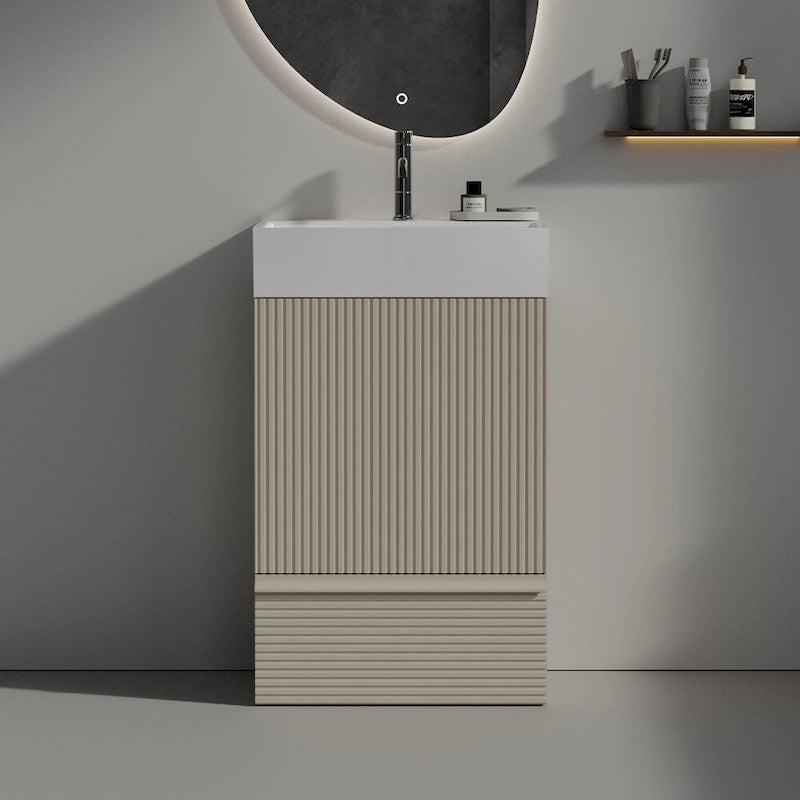 Meuble-lavabo simple vasque, meuble-lavabo autoportant moderne à motif quadrillé avec poignée dissimulée, meuble de salle de bain en bois